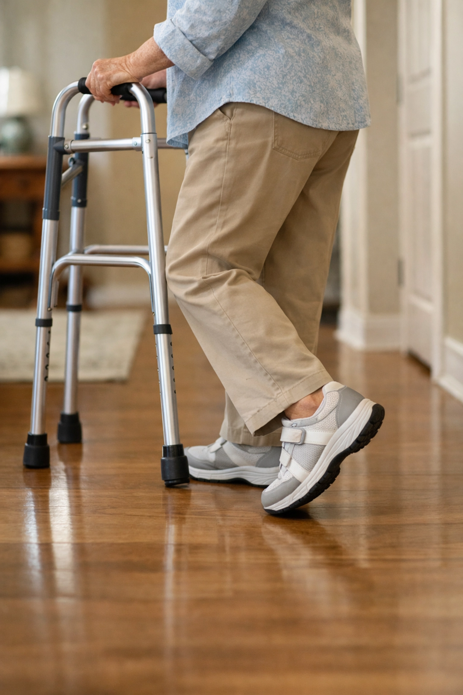 A senior taking small marching steps to turn safely with a walker in a home hallway.
