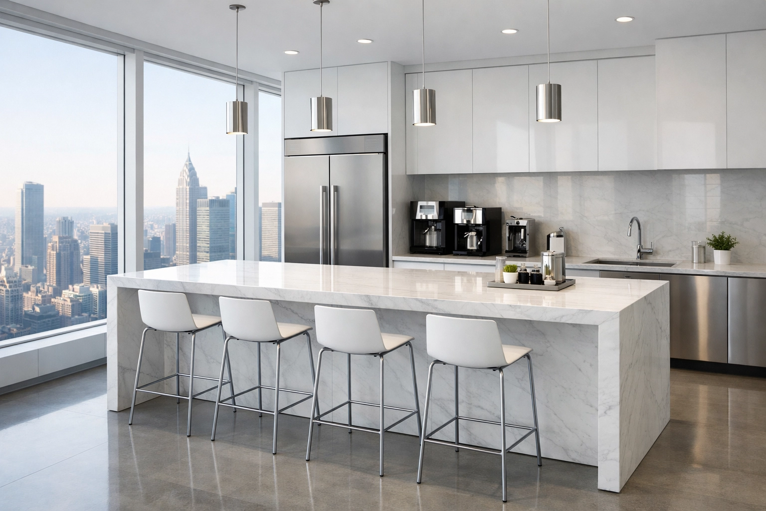 Clean Indianapolis office breakroom with polished surfaces and modern stainless steel appliances.