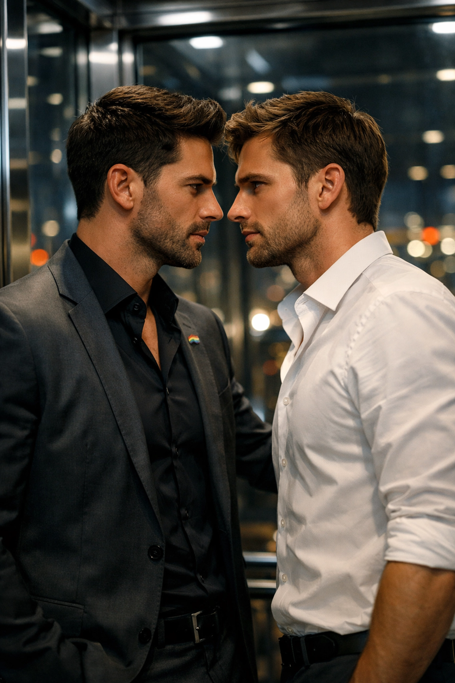 Two professional men sharing a romantic, high-tension moment in an office elevator.