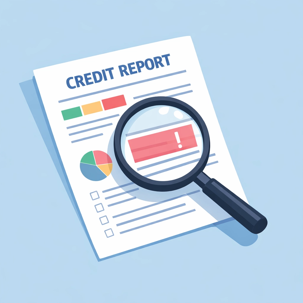Revisión de reporte de crédito con lupa para corregir errores y mejorar el puntaje crediticio.