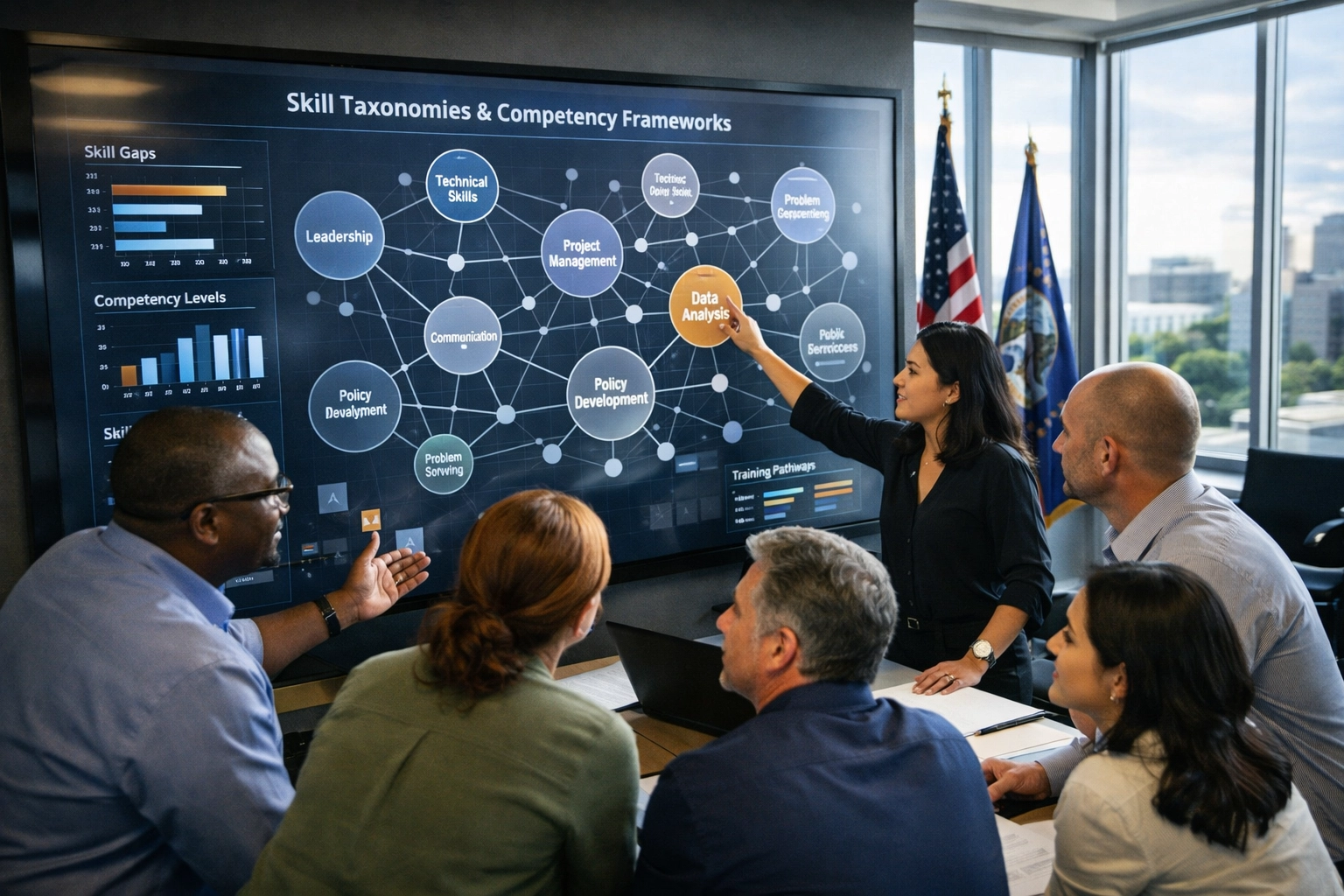 Professionals reviewing skills-based hiring frameworks on digital display in workforce development office