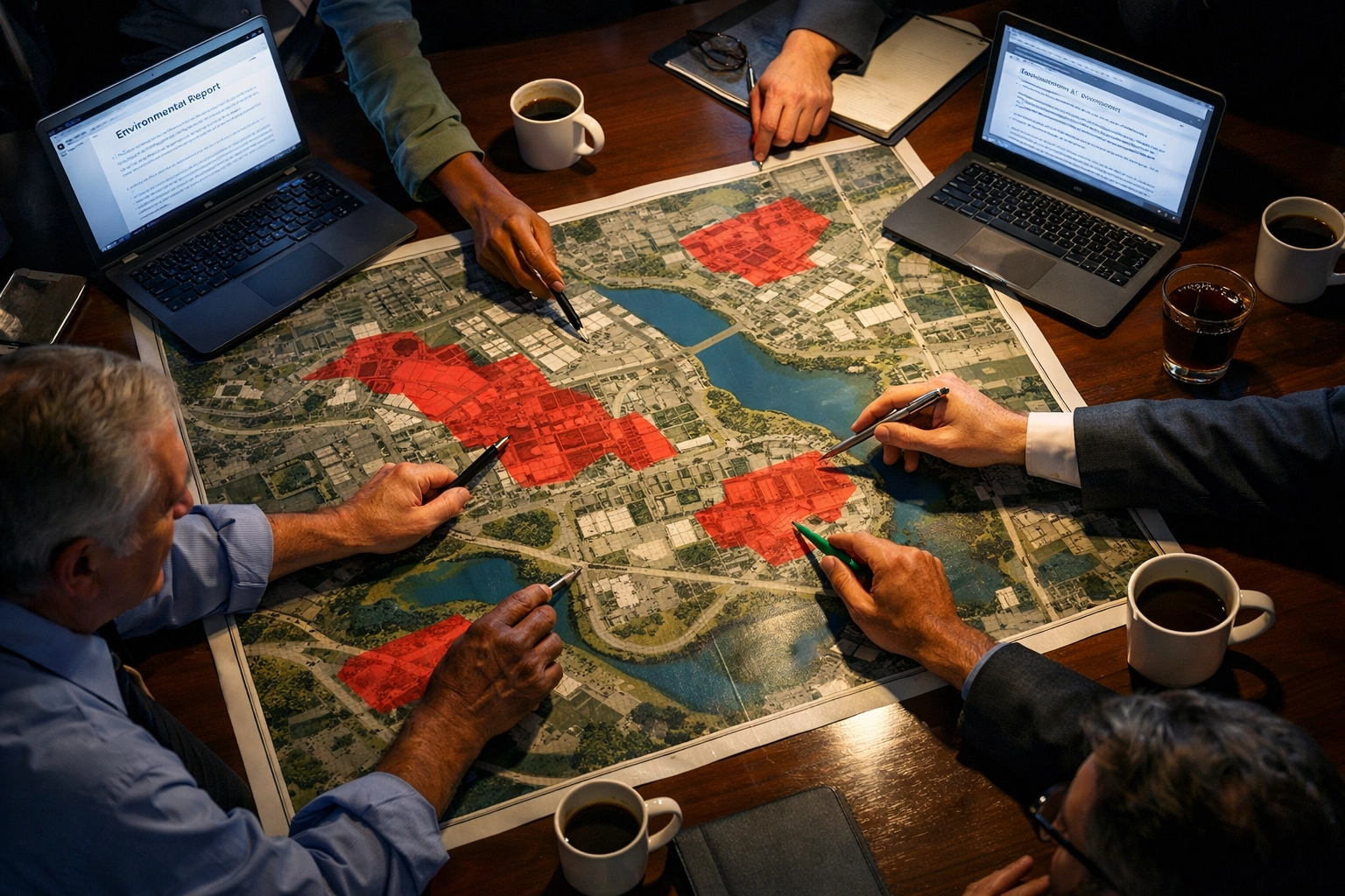 Environmental professionals and LSRP team reviewing contaminated site maps for NJ property remediation