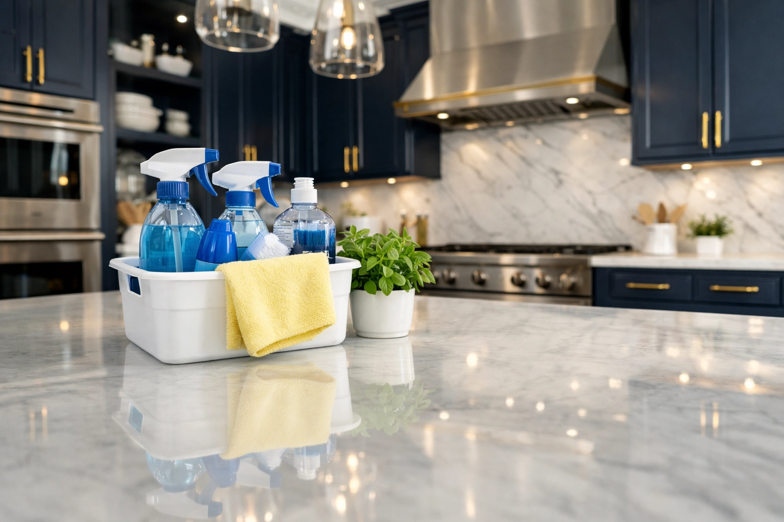 Spotless high-end Harvard kitchen featuring eco-friendly professional cleaning supplies on marble counters.