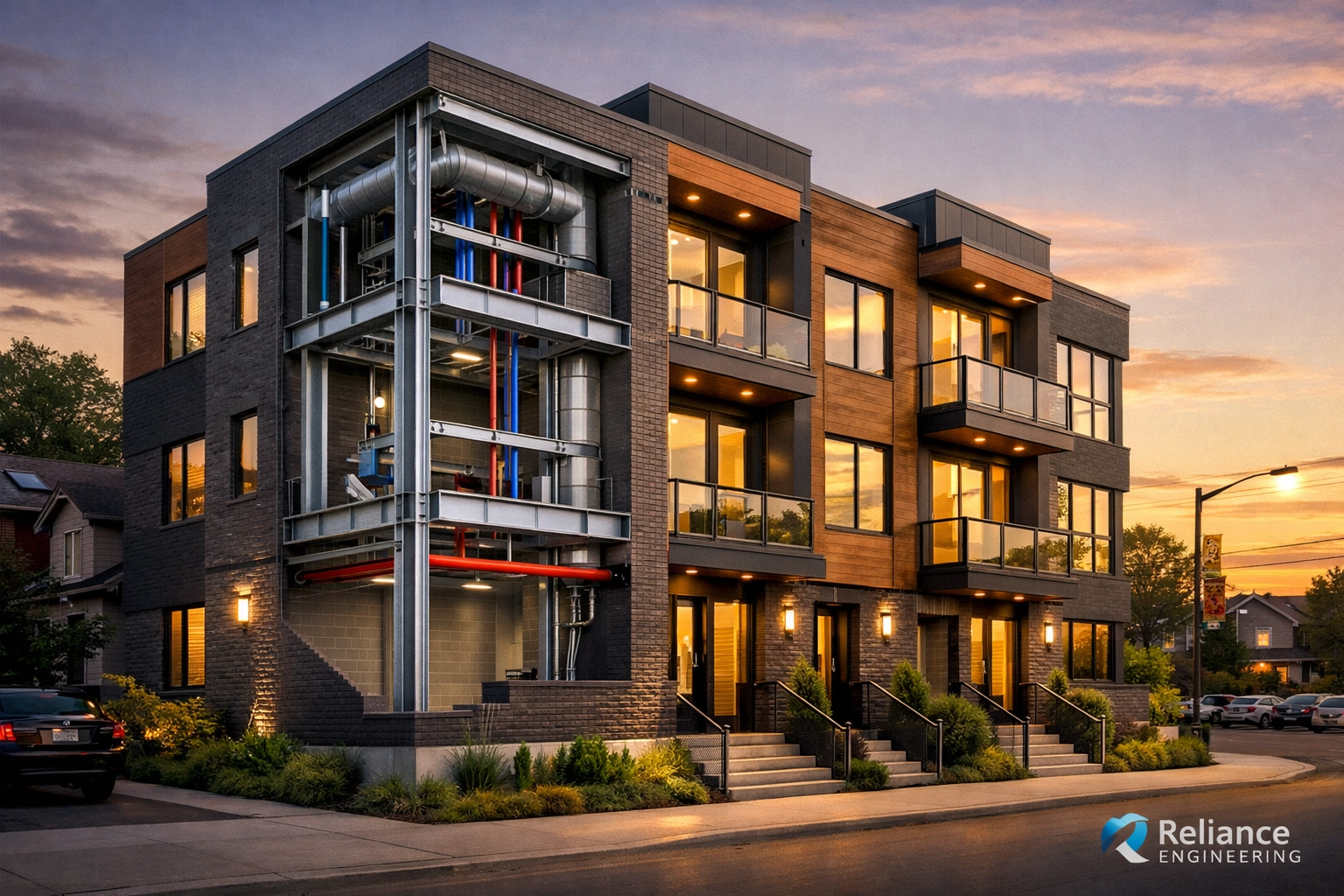Modern multi-unit 4-plex development in Ontario showcasing engineered site planning and structural integrity.