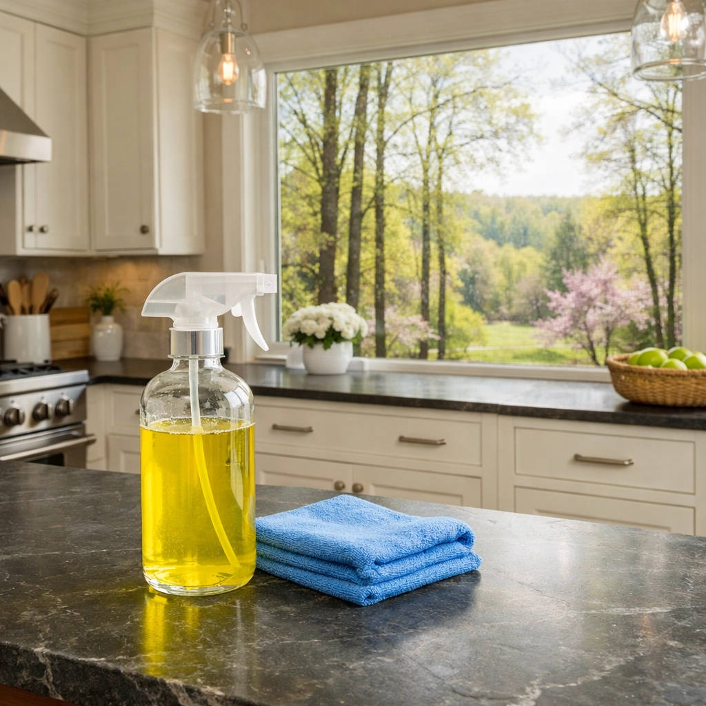 Natural cleaning products on a luxury kitchen island in a Carlisle home overlooking the wooded landscape.