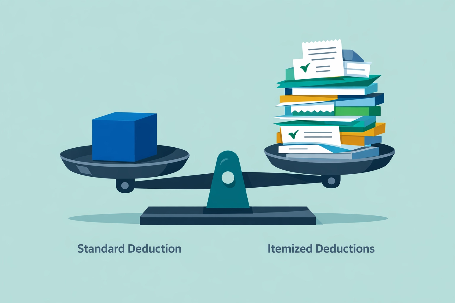 Scale weighing the standard deduction against itemized receipts for New Haven tax preparation.
