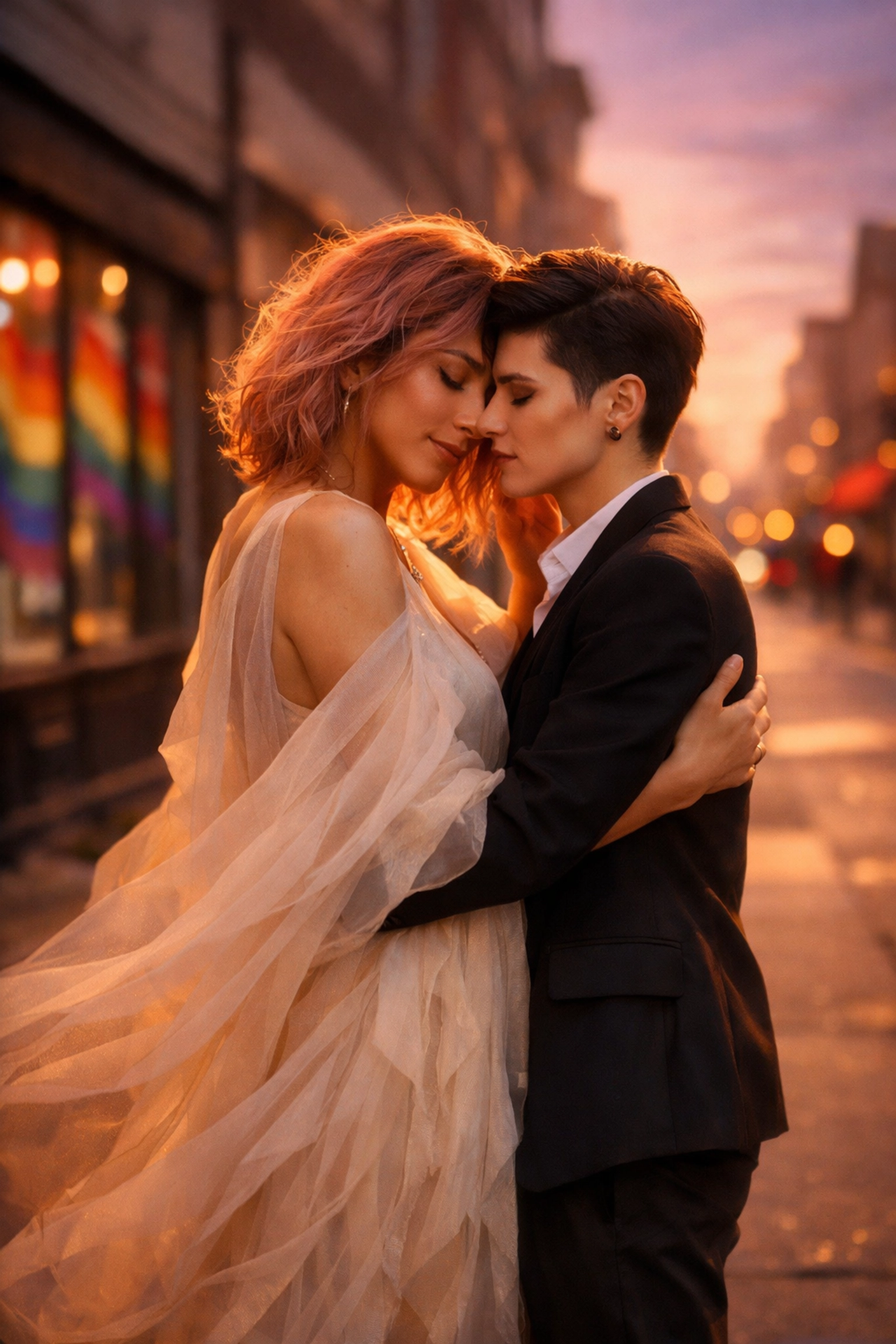 Non-binary couple embracing on city street with pride flags celebrating authentic love