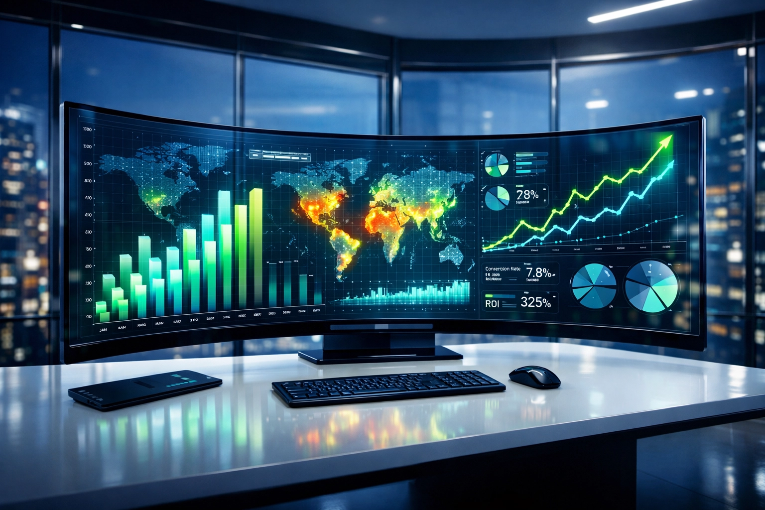 Marketing analytics dashboard showing AI ad optimization, ROI tracking, and growth charts