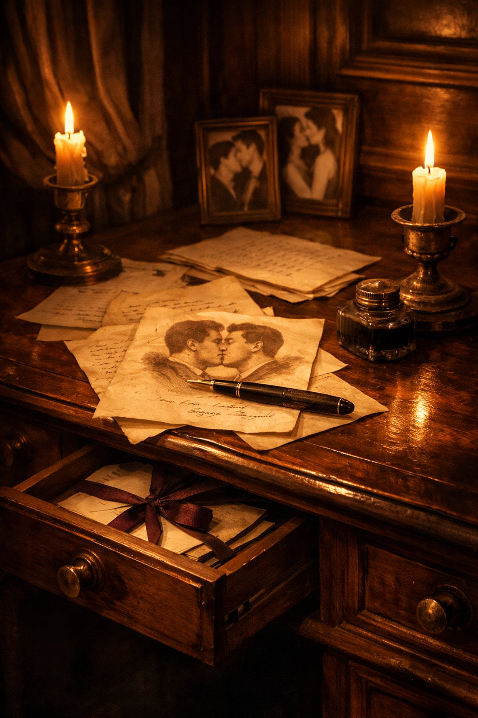 Edwardian writing desk with hidden manuscripts representing E.M. Forster's secret Maurice novel