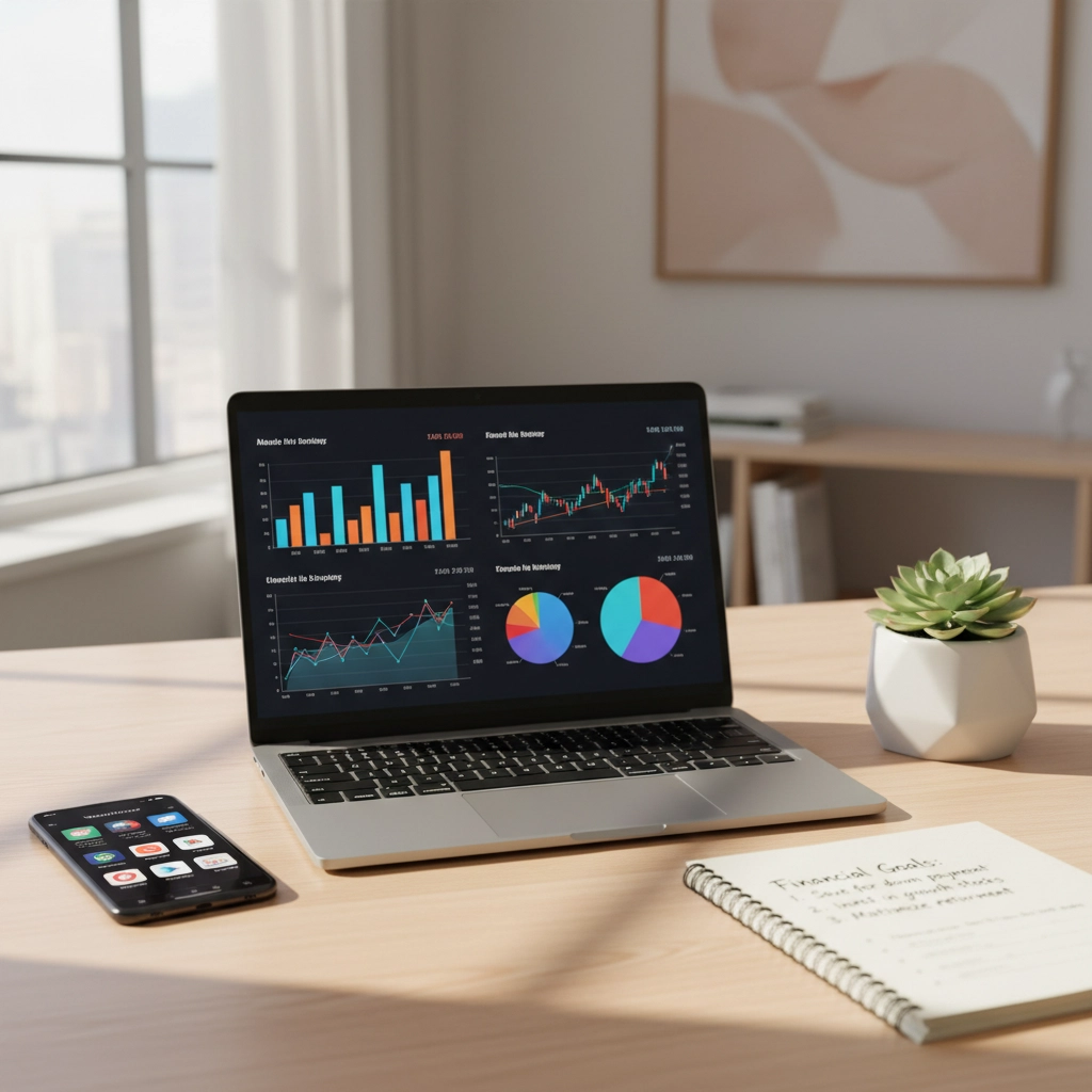 Laptop on a desk shows colorful charts. Nearby are a phone, notebook labeled Financial Goals, and a plant. Bright, modern office setting.