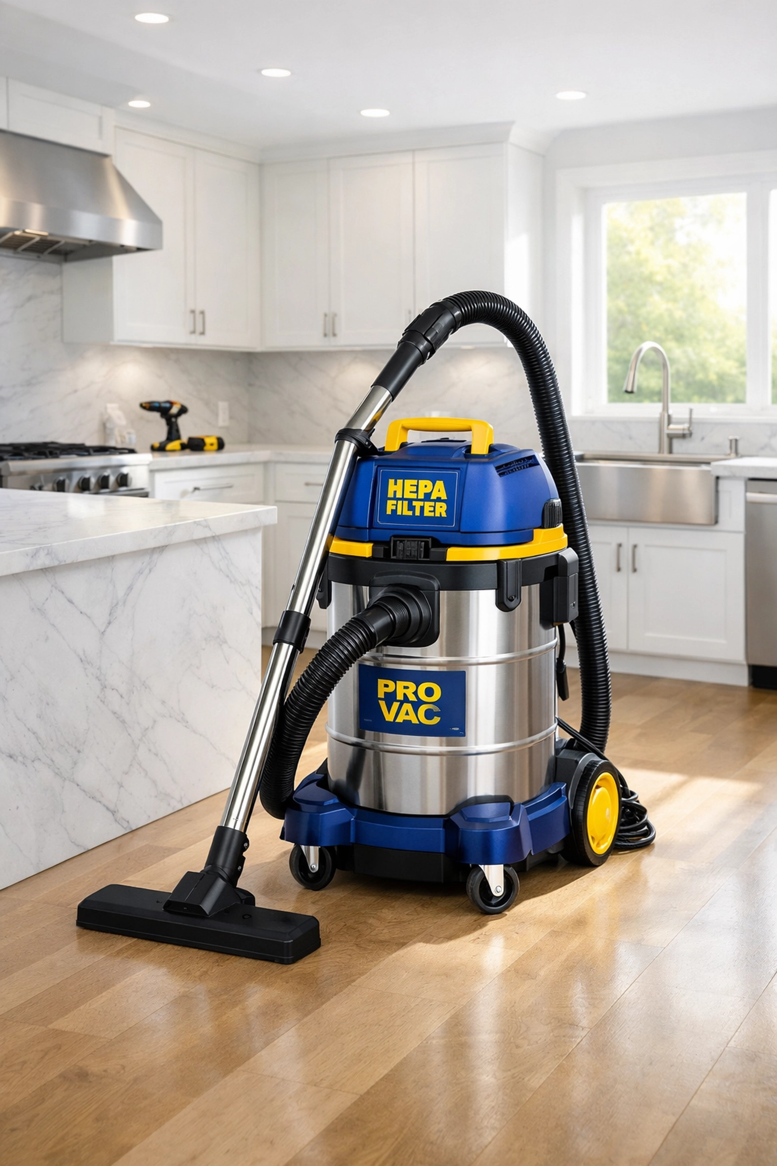 Professional industrial HEPA vacuum cleaner in a modern kitchen during post-construction cleaning.