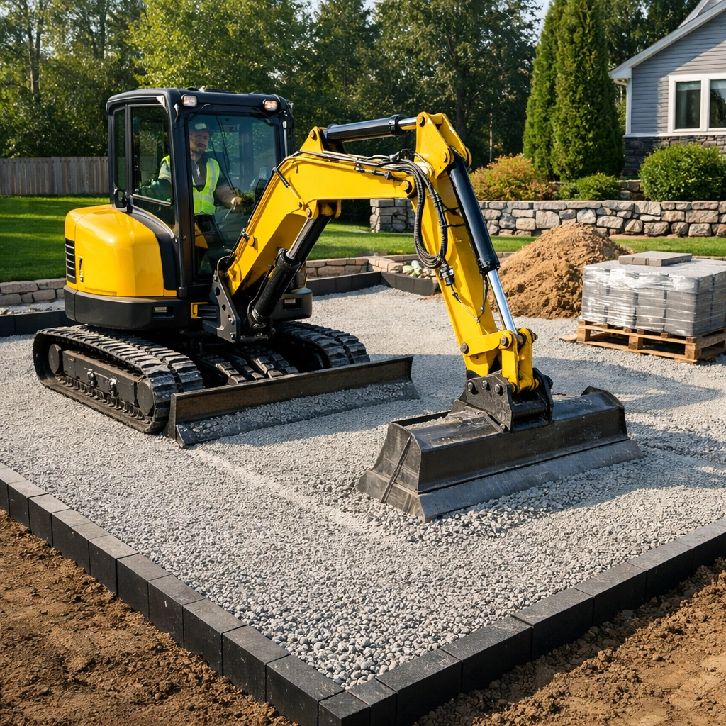 Professional excavation and site preparation using a compact excavator for a new paver installation.