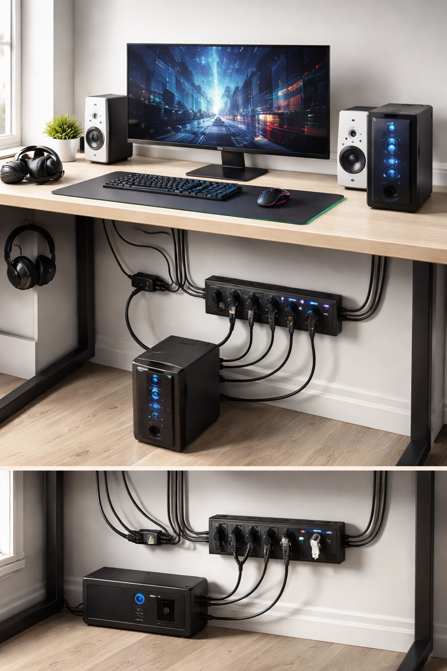 Organized gaming and streaming desk with proper cable management and a UPS powering critical equipment for stable performance.
