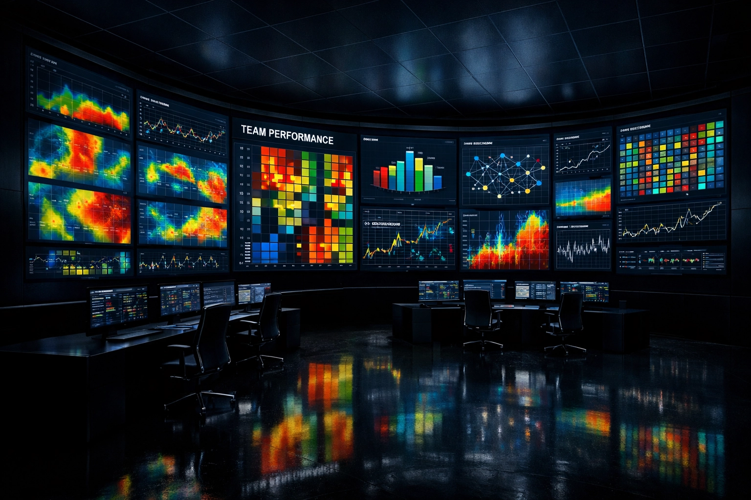 Data-monitoring room displaying team performance heat maps and 80% Club betting trends.
