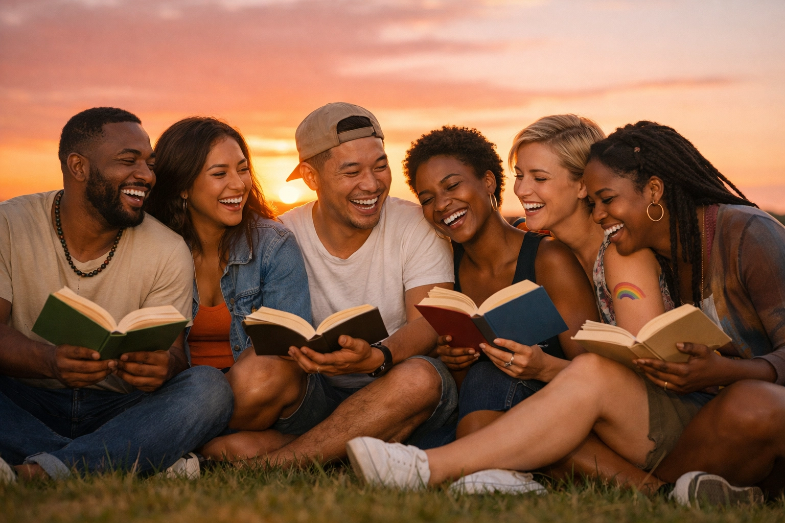 Diverse group of LGBTQ+ friends laughing and sharing gay romance books during a sunset picnic.