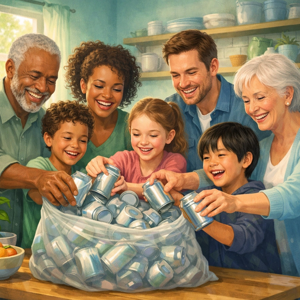 Family recycling aluminum cans together in kitchen for cash return