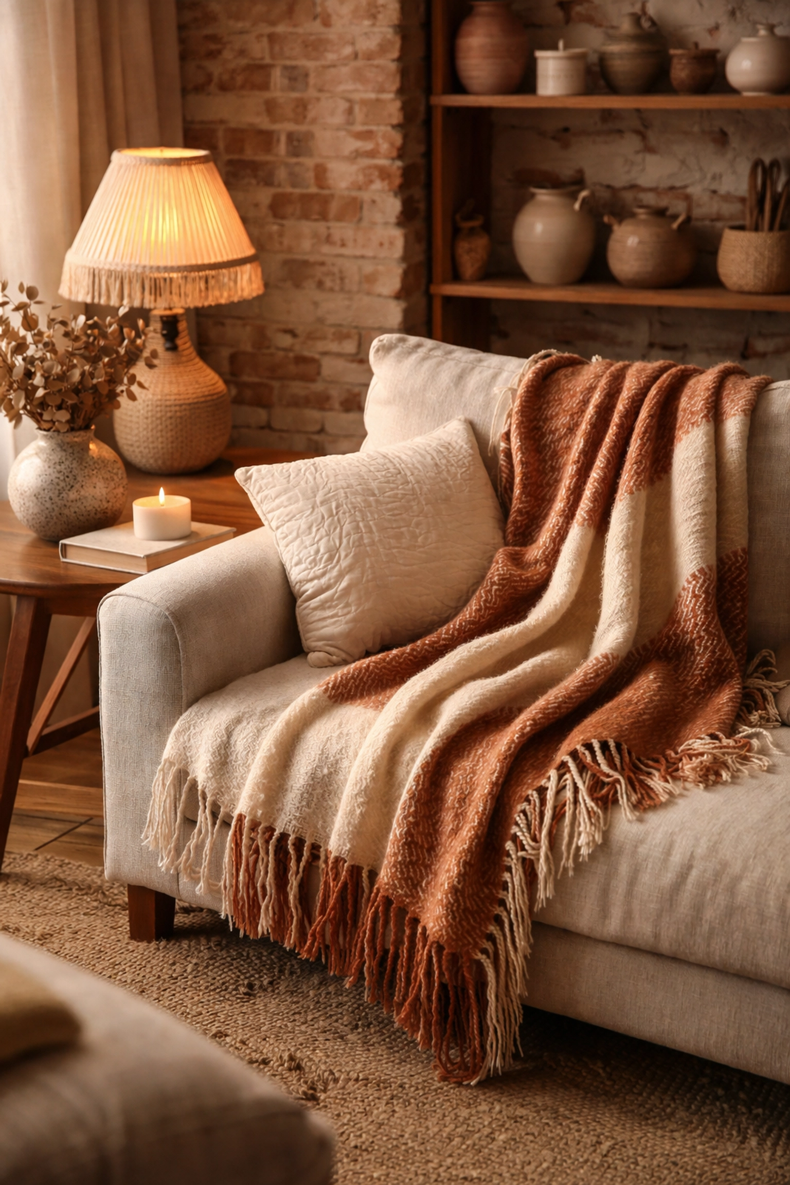Cozy living room with a handmade fringed throw and lampshade, showcasing artisan home accessory trends