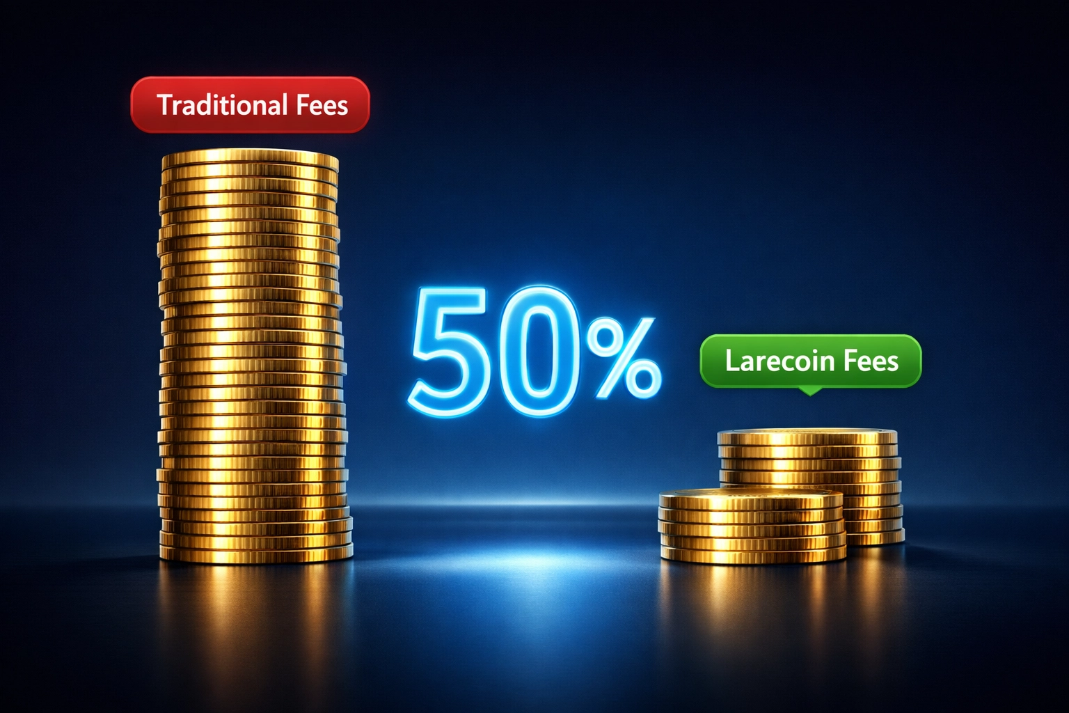 Larecoin merchant fee comparison showing 50% savings versus traditional payment processors
