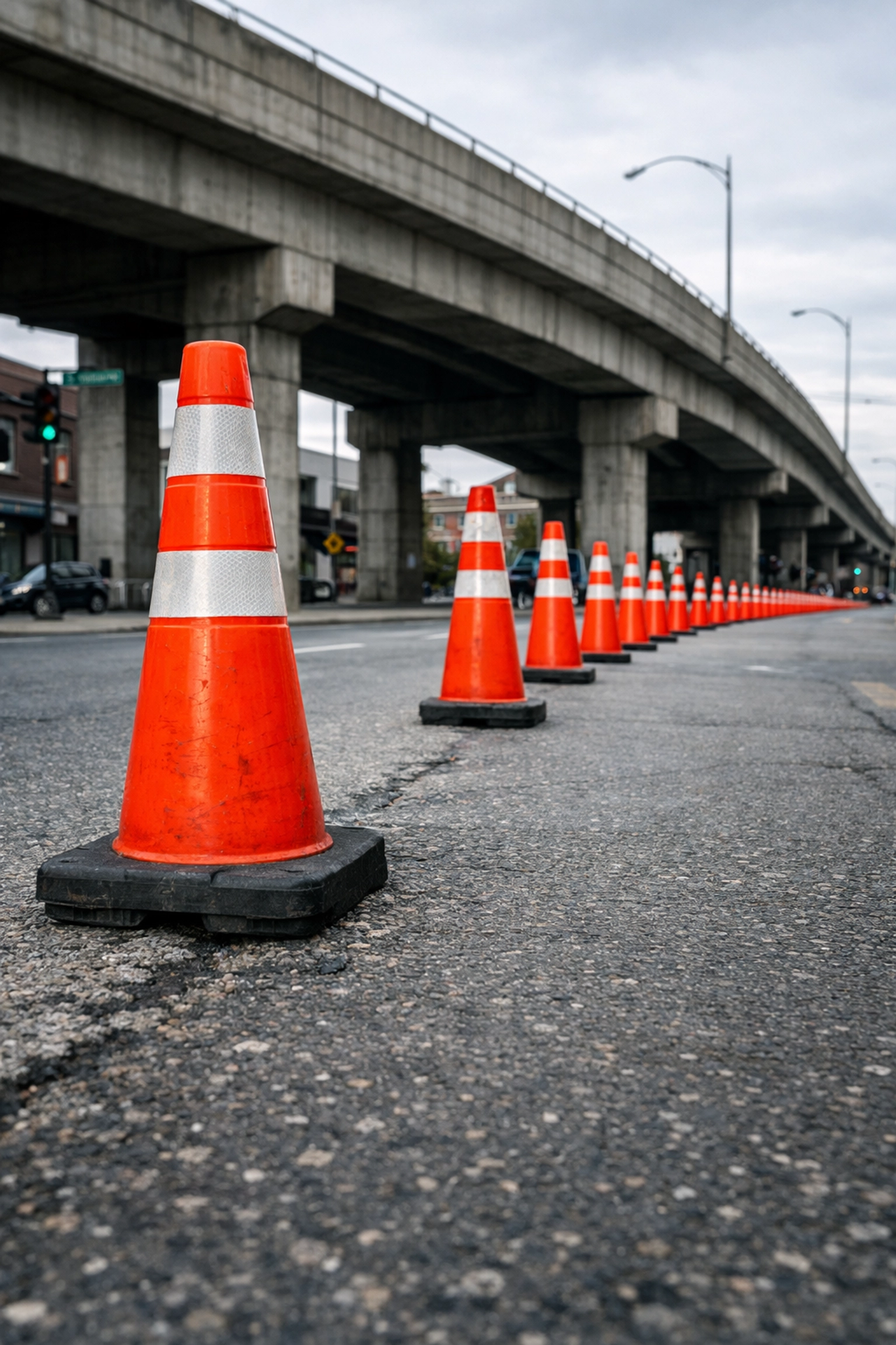 Orange traffic cones lining a Montreal street during the Highway 136 construction and bridge demolition.