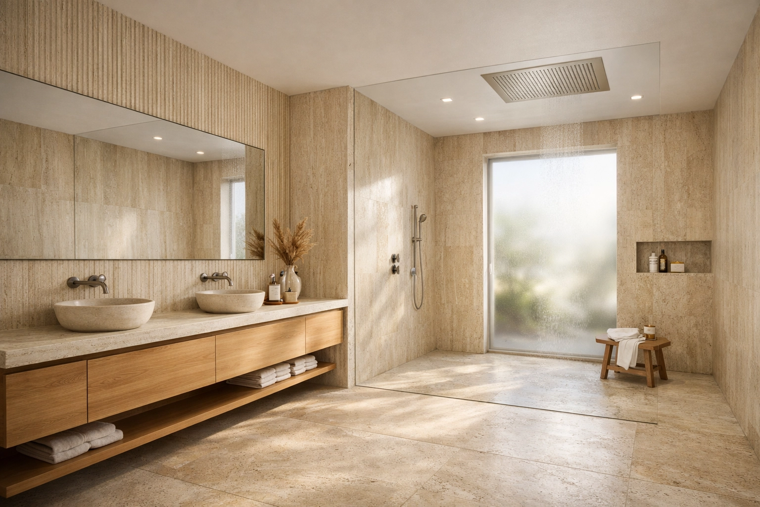 Photorealistic bathroom render featuring fluted travertine walls, light oak vanity, and a minimalist wet room.