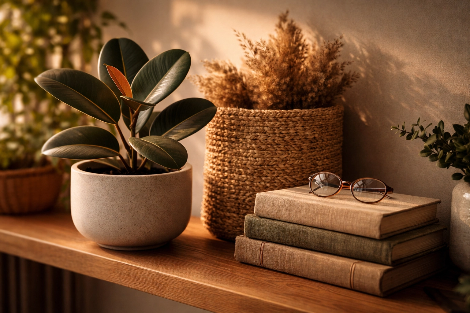Artisan home shelf display with rubber plant, jute basket, and vintage books highlighting natural textures