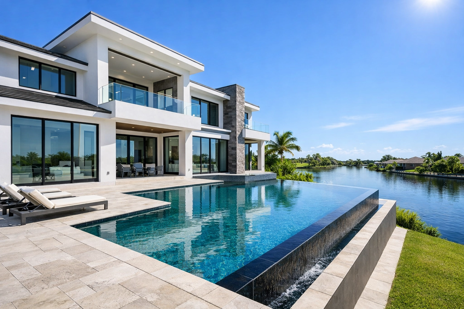 Modern new construction SWFL waterfront home with a pool in Northwest Cape Coral.