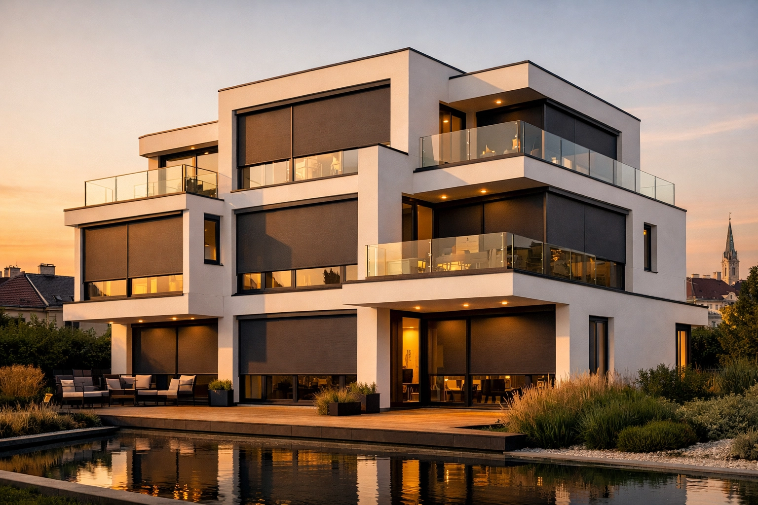 Moderne Architektur in Wien mit elegant integrierten Zip Screens für effektiven Sonnenschutz.