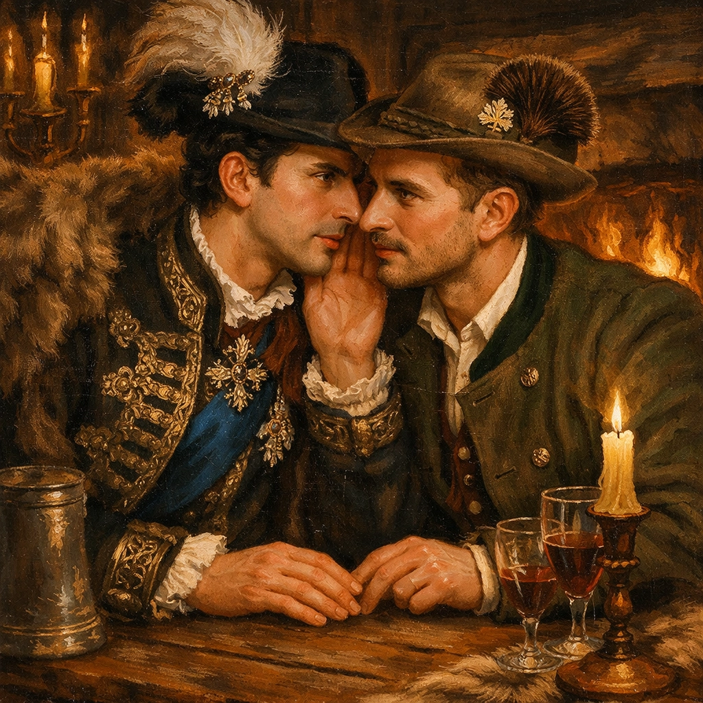 King Ludwig II and Richard Hornig in a candlelit Alpine cabin, illustrating a secret historical MM romance.