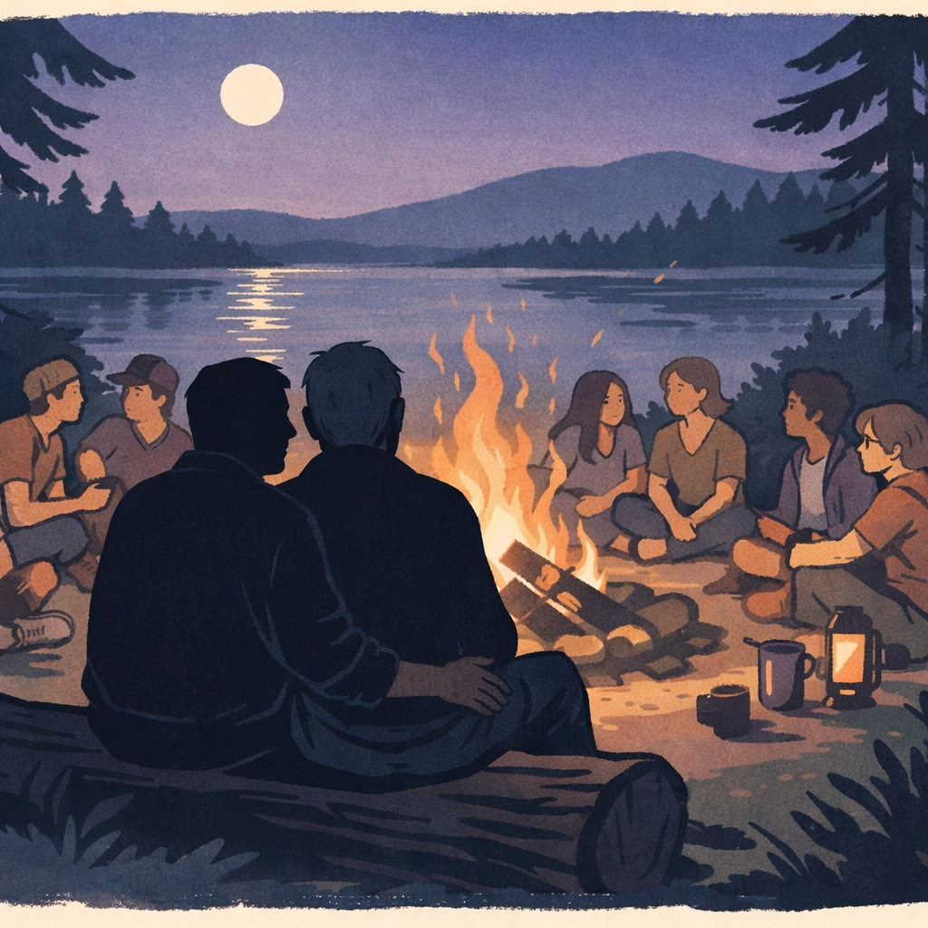 LGBTQ+ youth and gay couple gather at campfire, creating chosen family and safe community