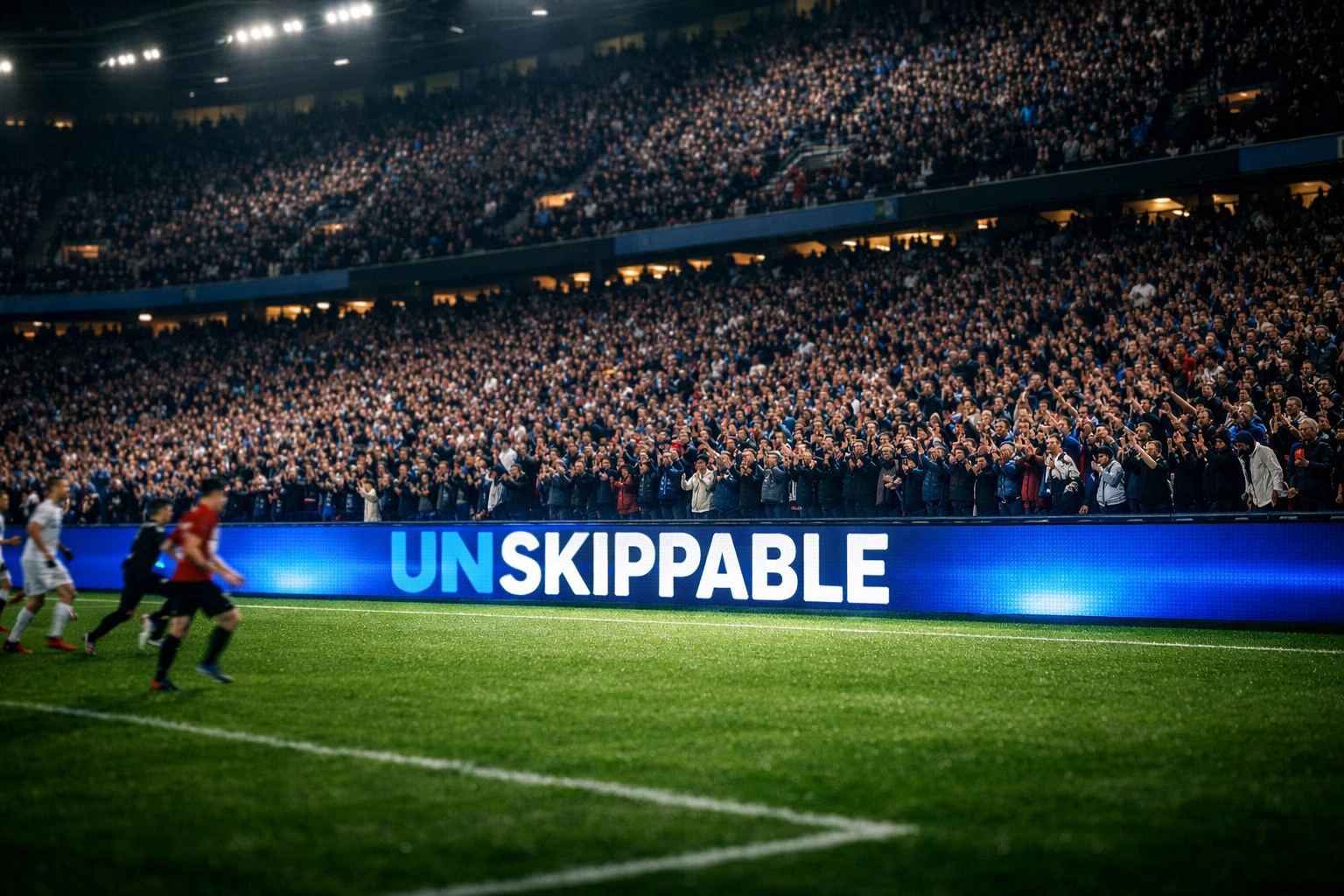 Fans cheering in a stadium with illuminated digital perimeter ads capturing attention during a live game.