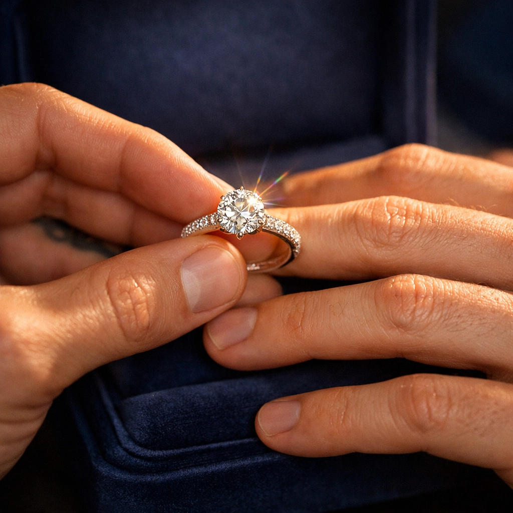 Two men's hands exchanging diamond engagement ring symbolizing gay commitment and love