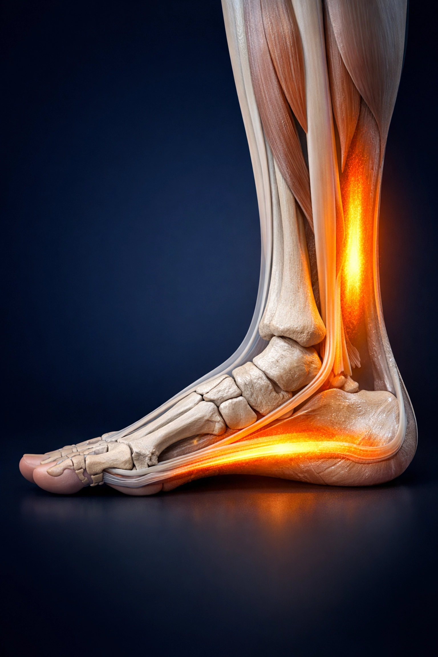 Anatomical view of the foot showing tension in the Achilles tendon and plantar fascia during transition.