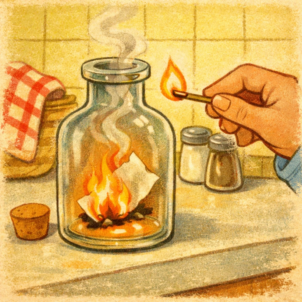 Adult lighting paper inside bottle for egg in a bottle air pressure experiment