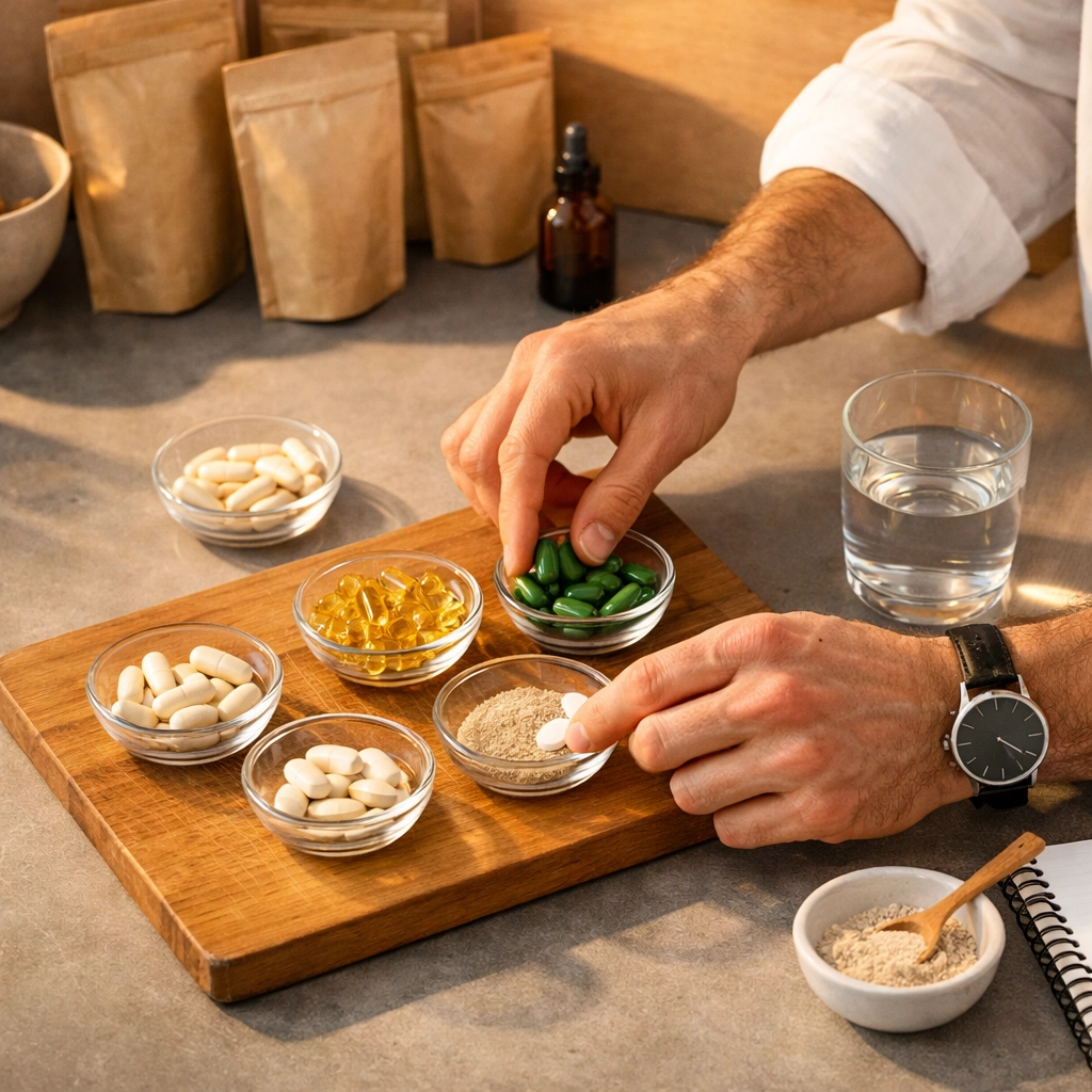 Hands preparing supplements in advance on kitchen counter for weekly organization