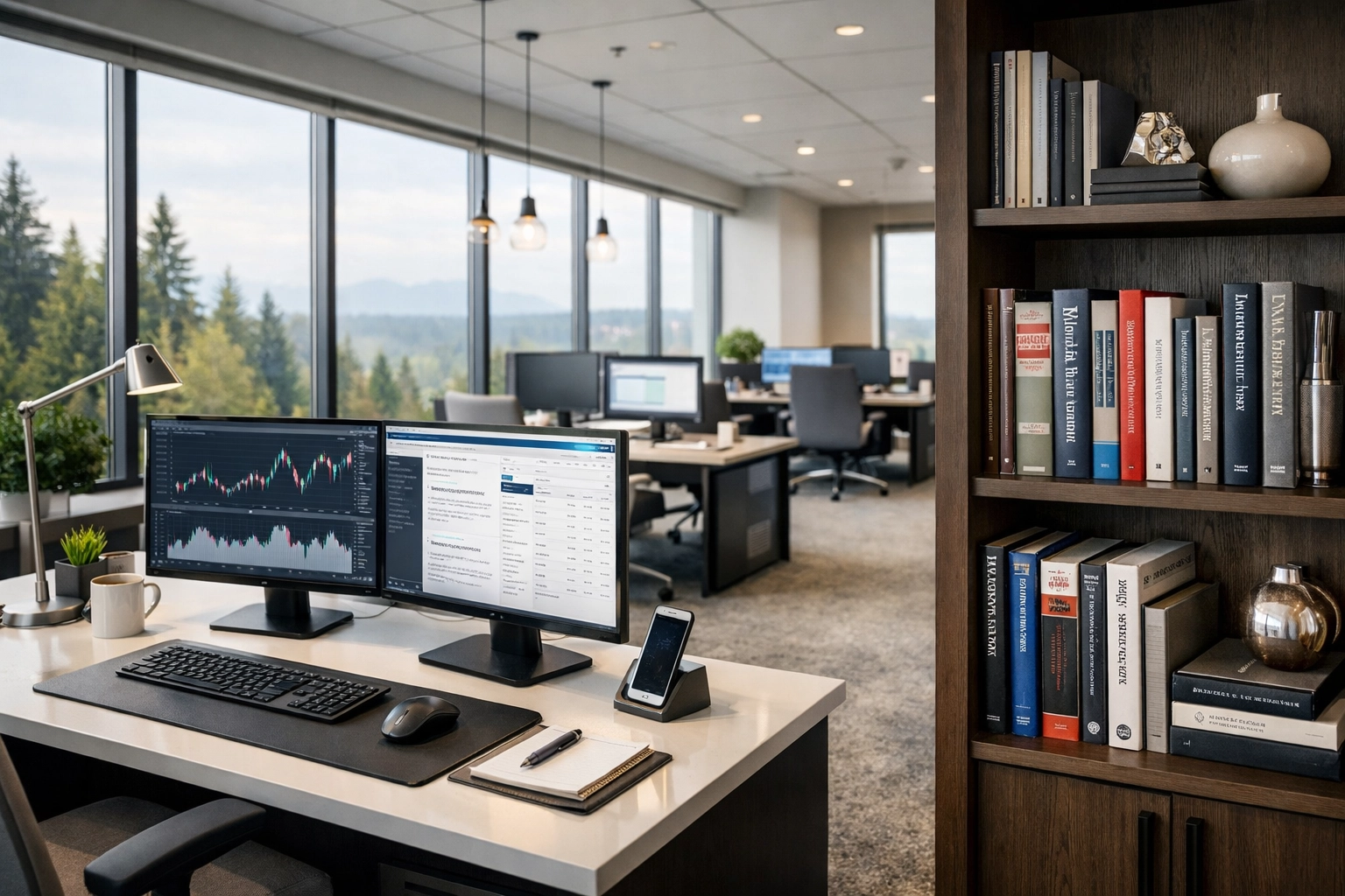 Modern Washington consulting office featuring dual monitors, illustrating general liability and property risks.