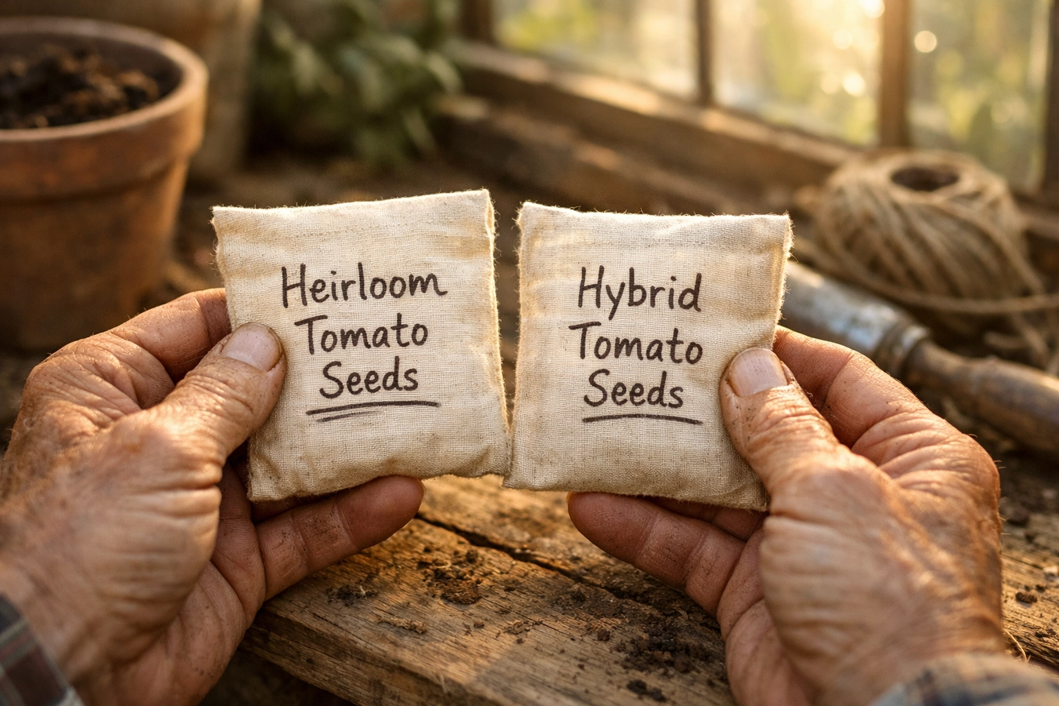 Comparing heirloom and hybrid seed packets side by side on a potting bench