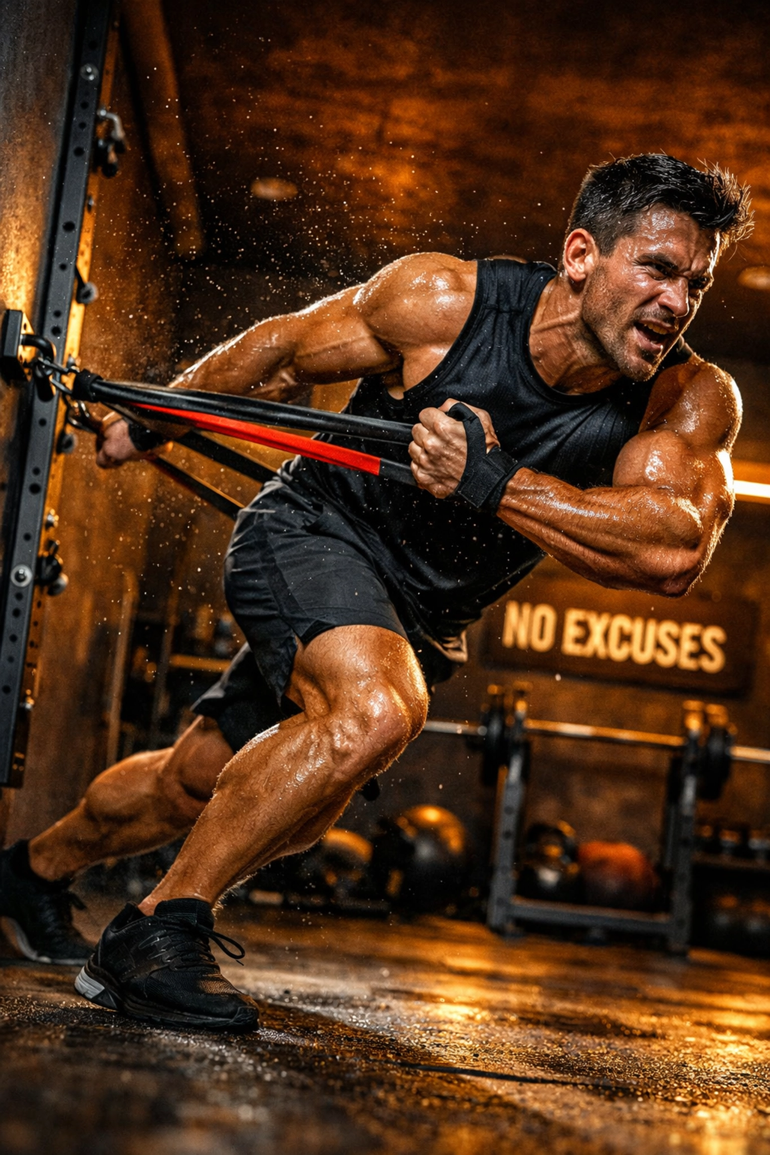 An athlete performing explosive resistance rail exercises in a high-intensity CrossFit home gym.