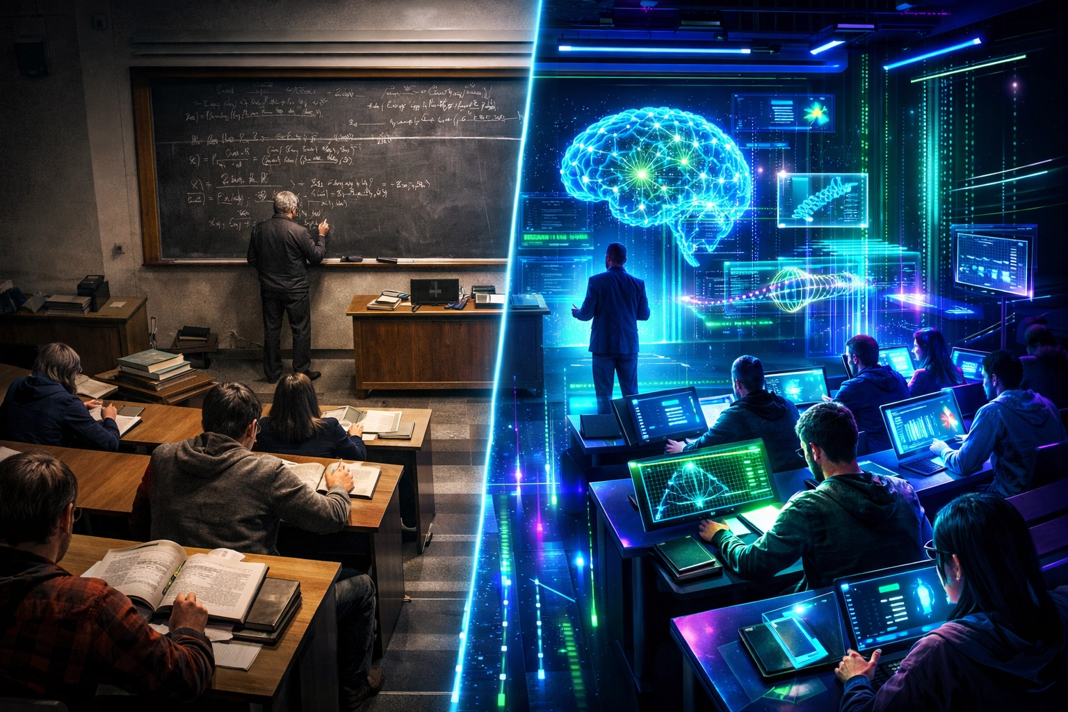 University lecture hall contrasting outdated classroom with modern AI technology and automation