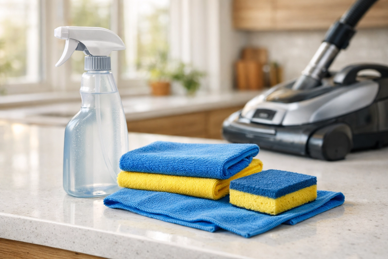 Eco-friendly cleaning supplies and HEPA vacuum on a kitchen counter for residential cleaning services near me.