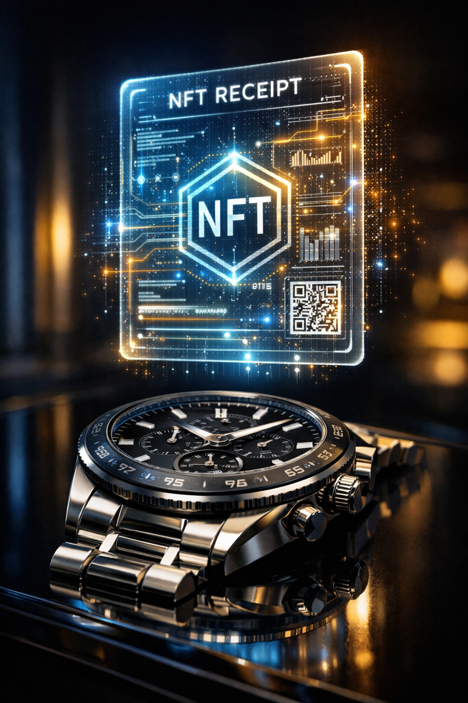 Holographic digital NFT receipt for a luxury watch providing proof of authenticity and warranty.