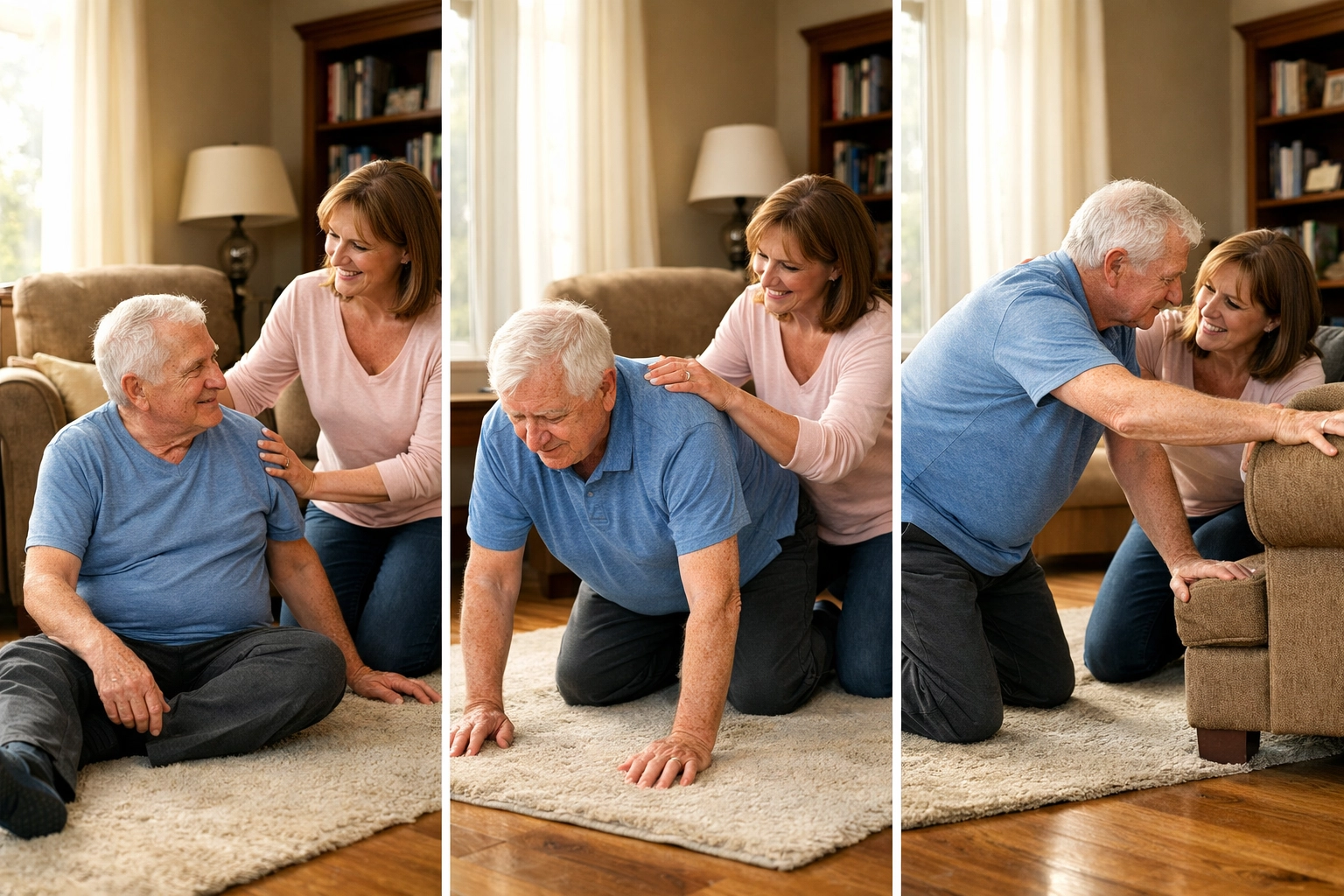 Step-by-step sequence of helping elderly person from floor to hands and knees position