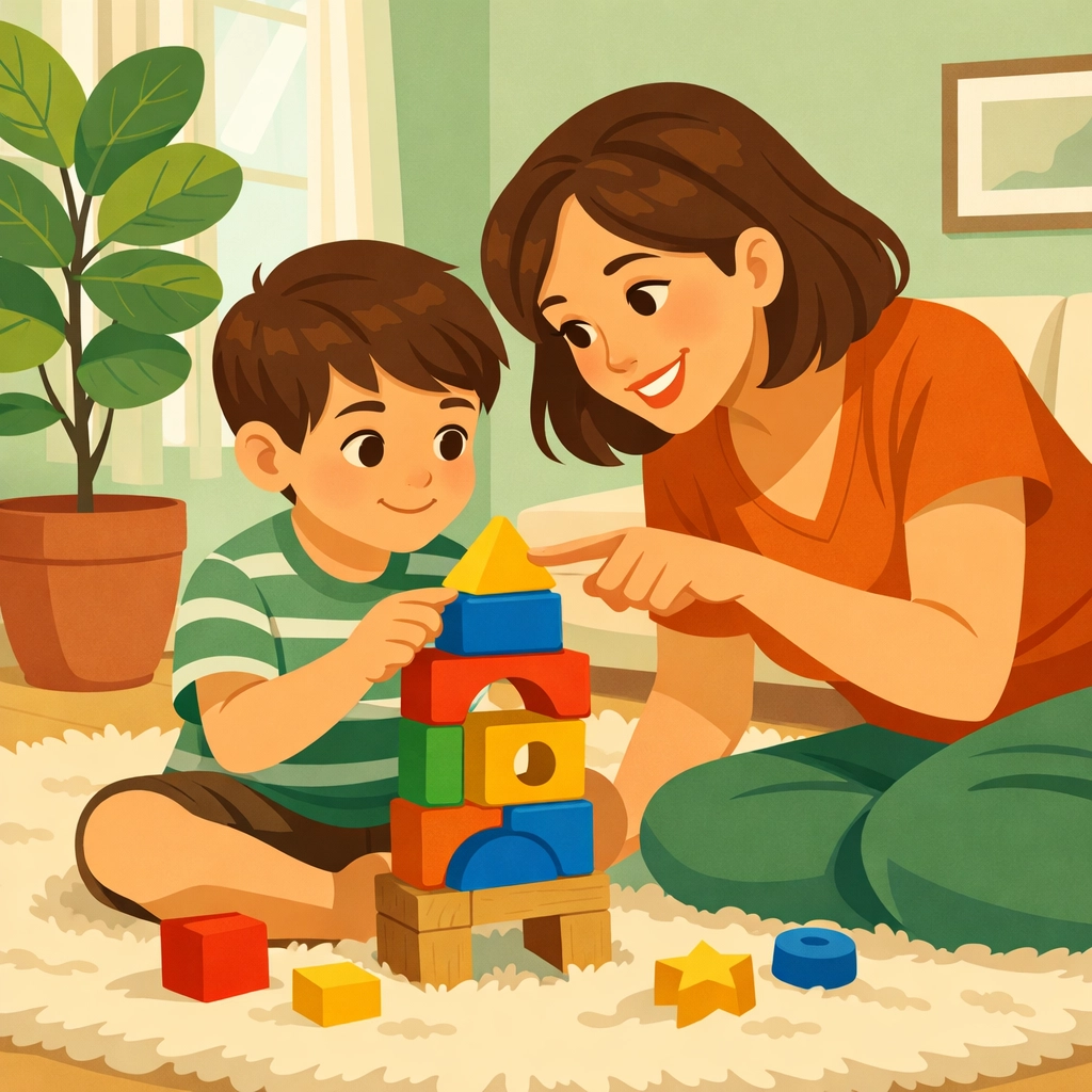 Mother using play based ABA therapy techniques to provide specific positive reinforcement with blocks.