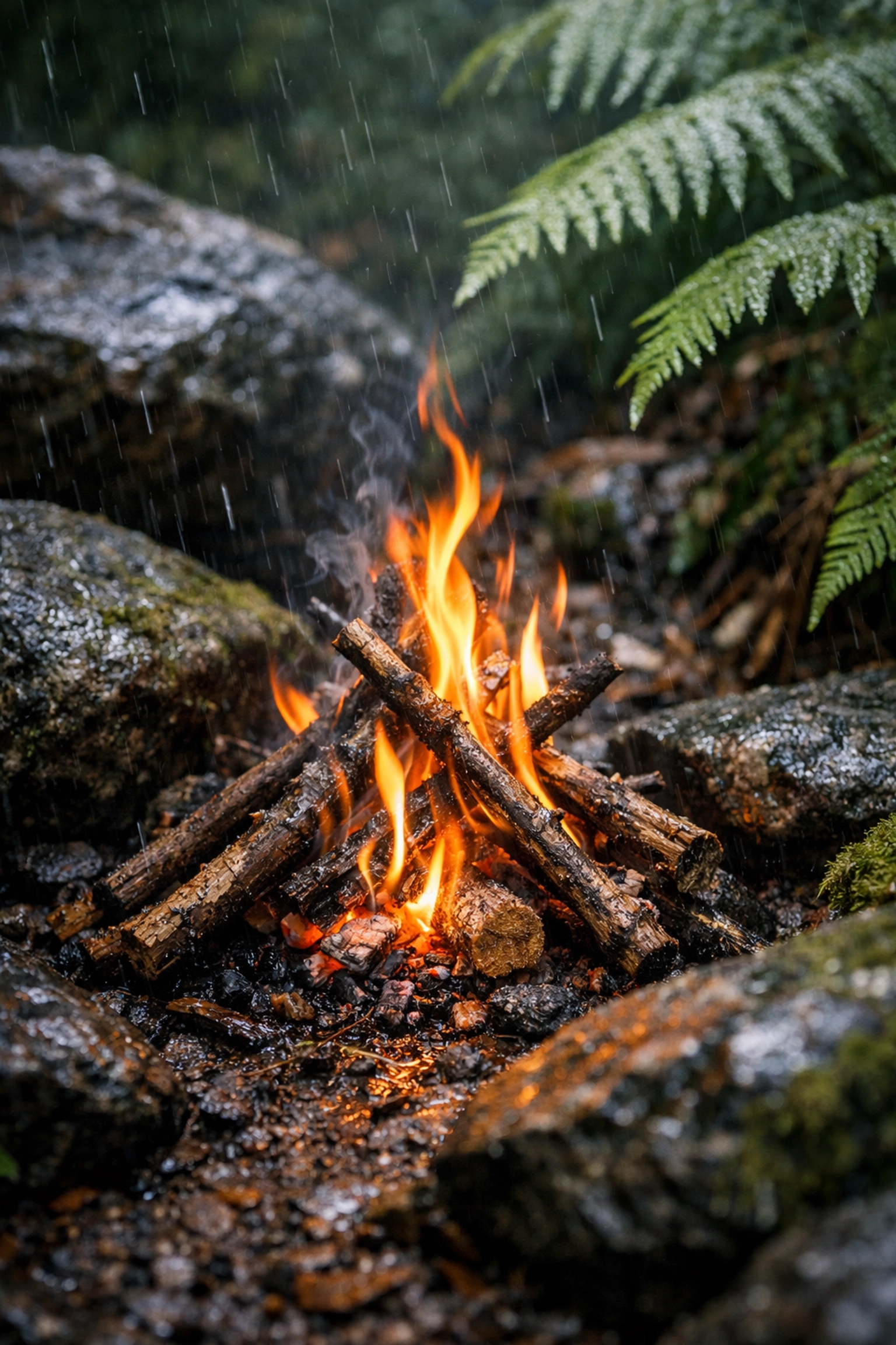 Campfire burning in wet conditions surrounded by moss and ferns during UK wild camping