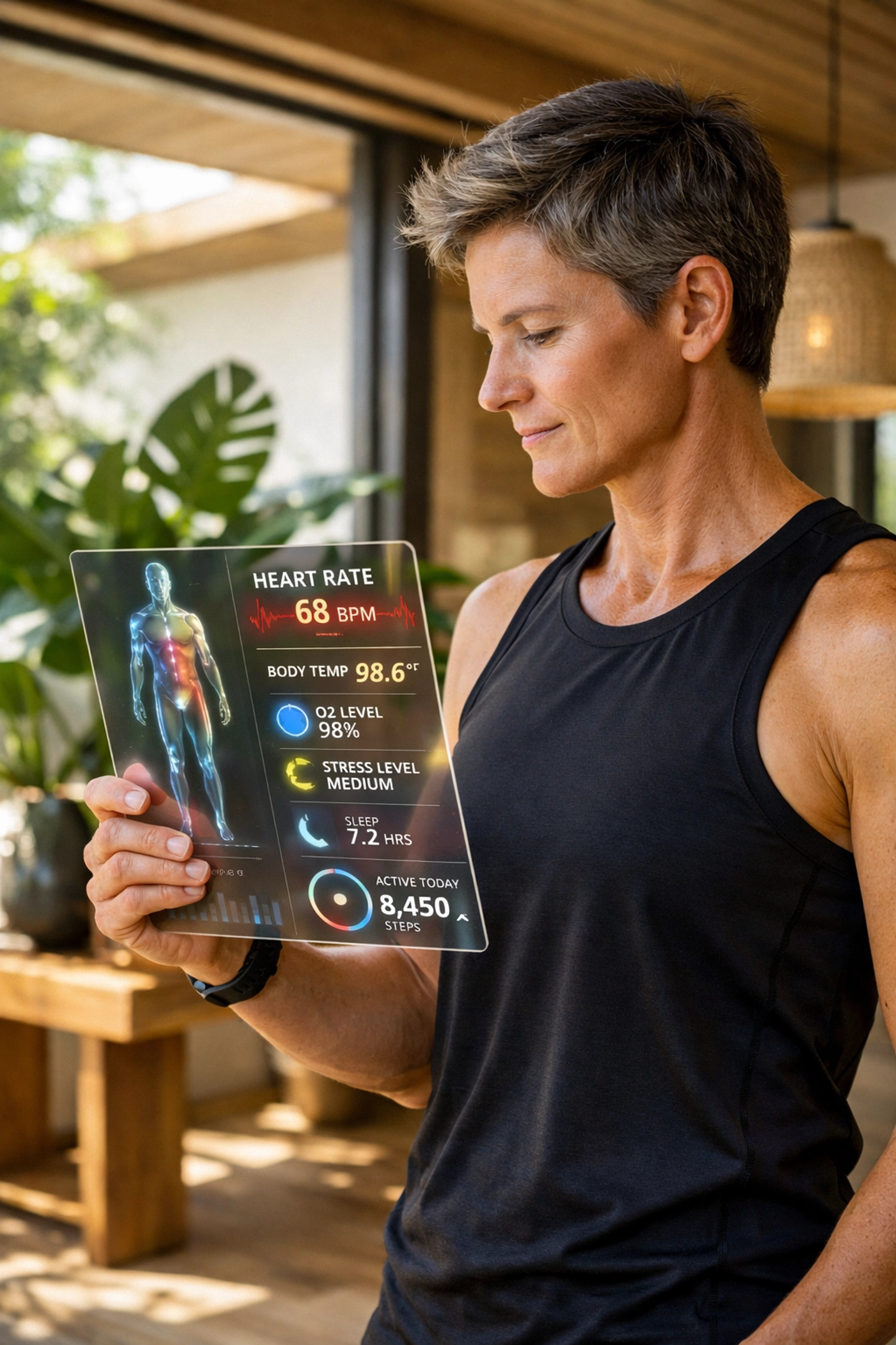 Athlete monitoring personal health metrics and biometrics on a digital tablet at home.