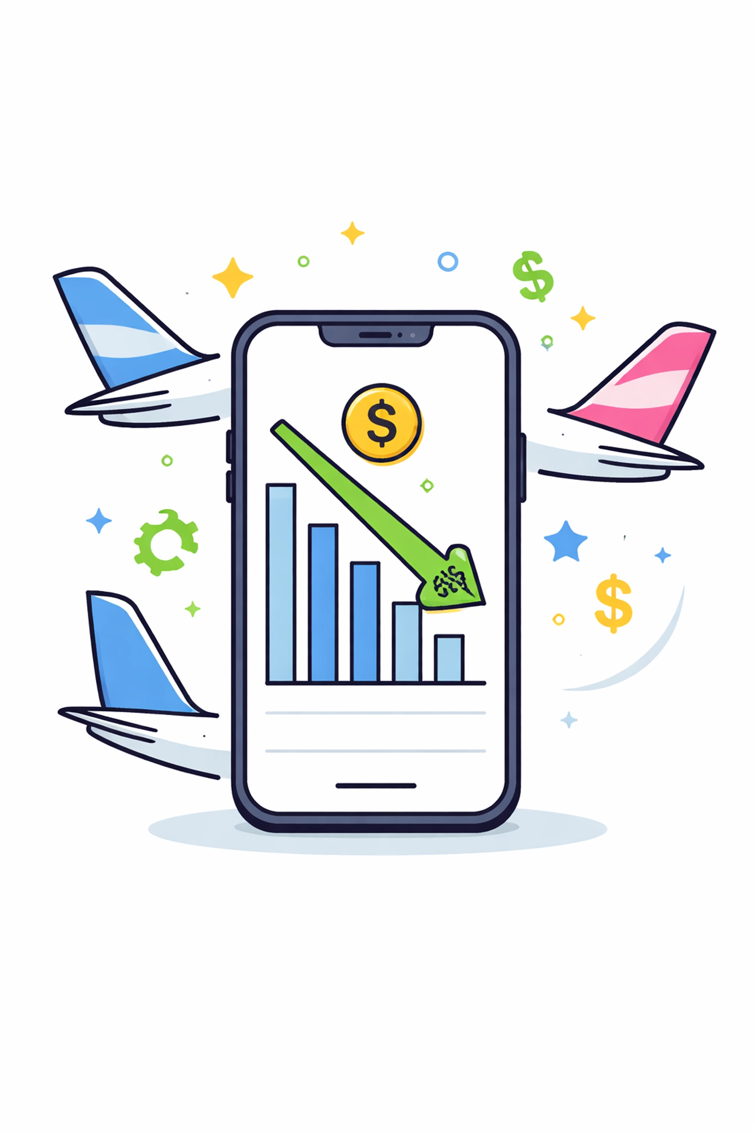 Smartphone showing flight price drop alerts and airline icons, highlighting automatic airline ticket price monitoring.