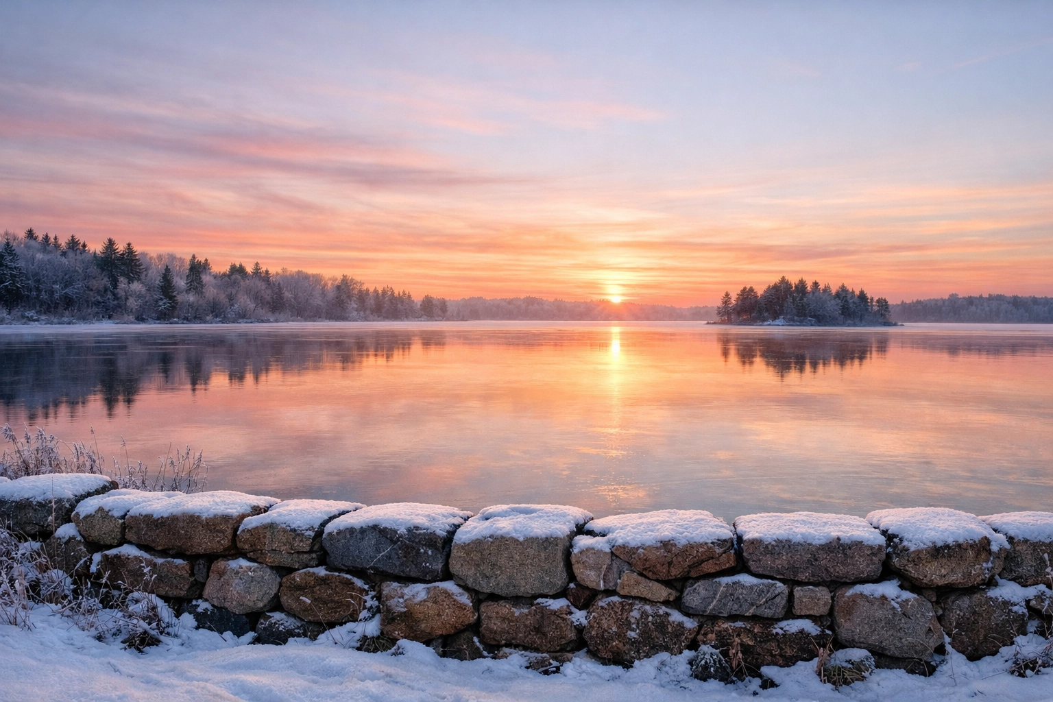 A serene Minnesota winter sunrise over a frozen lake with a stone wall symbolizing legal protection for refugees.