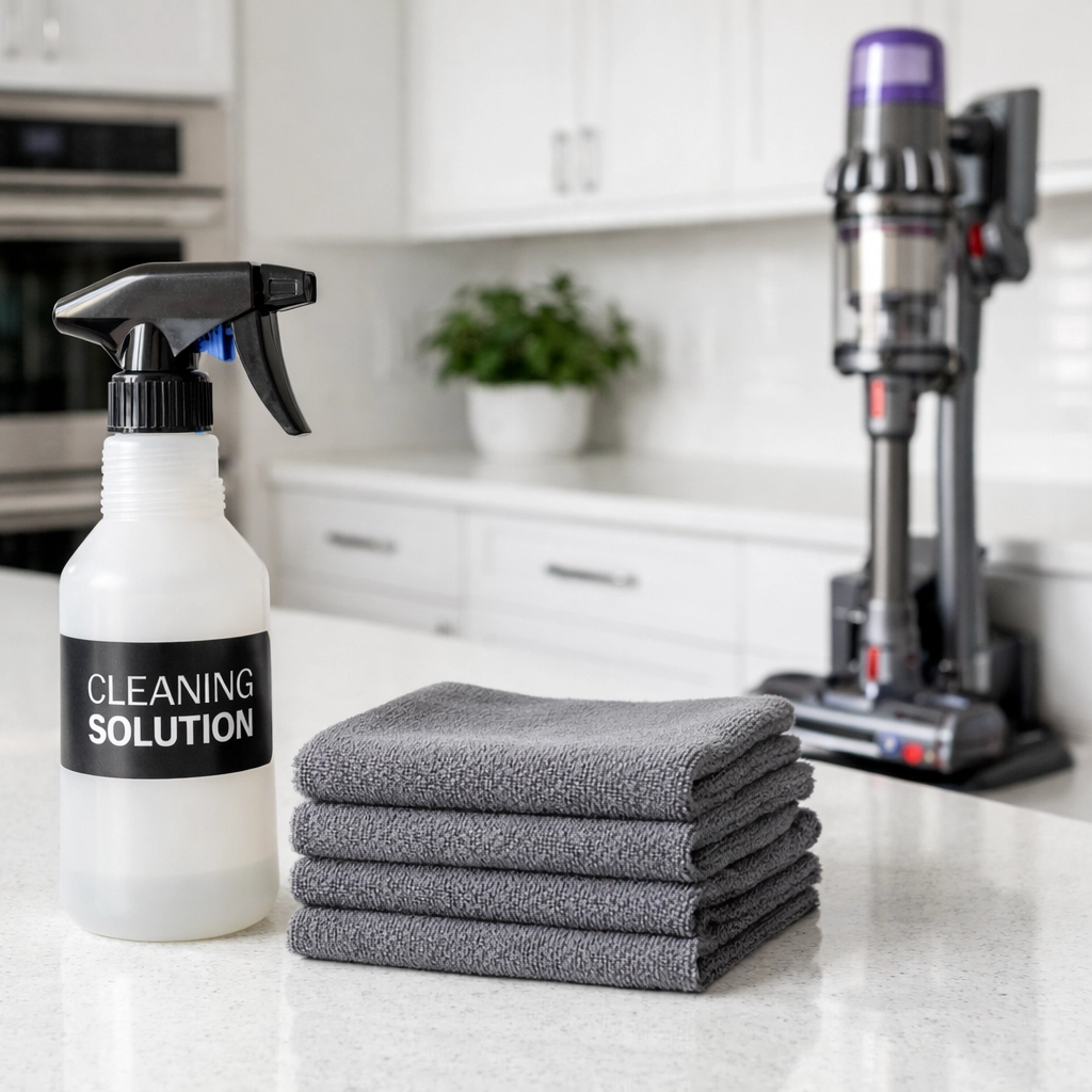 Professional cleaning supplies and vacuum on a quartz island for Detroit property management turnover services.