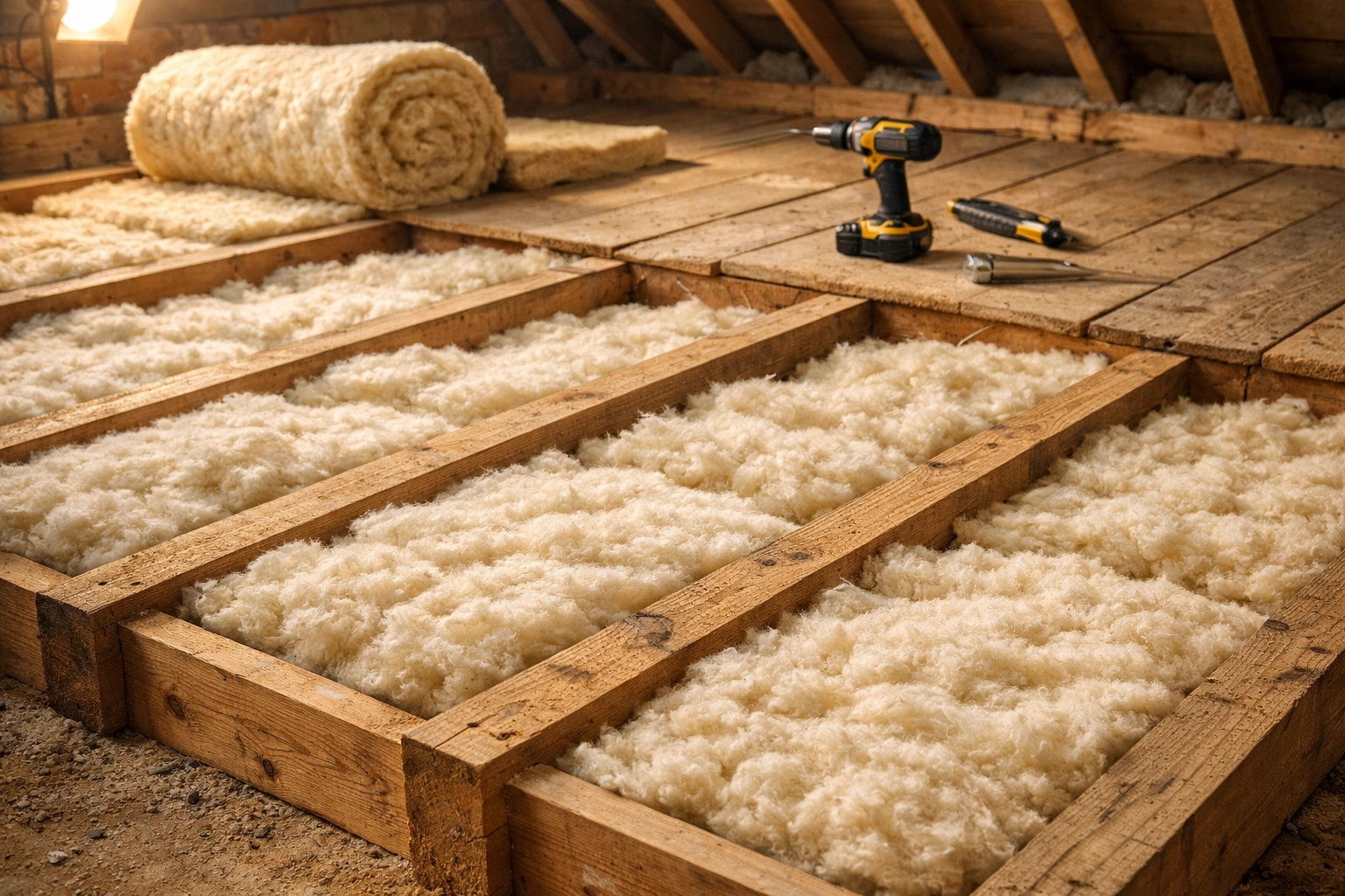 Professional installation of thick mineral wool loft insulation between wooden joists in a Bournemouth home.