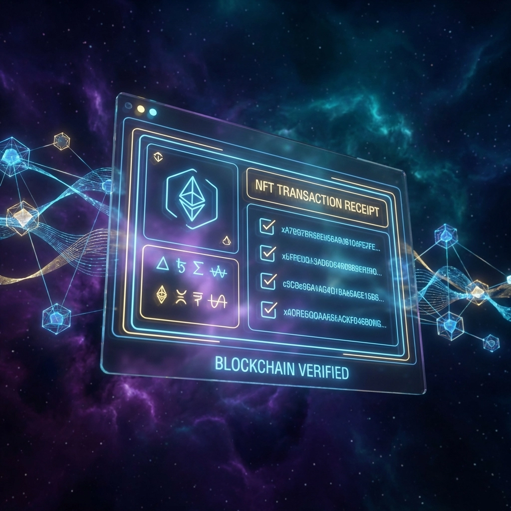 Digital NFT receipt displayed in a futuristic blockchain environment, highlighting on-chain transaction records in the Larecoin ecosystem.