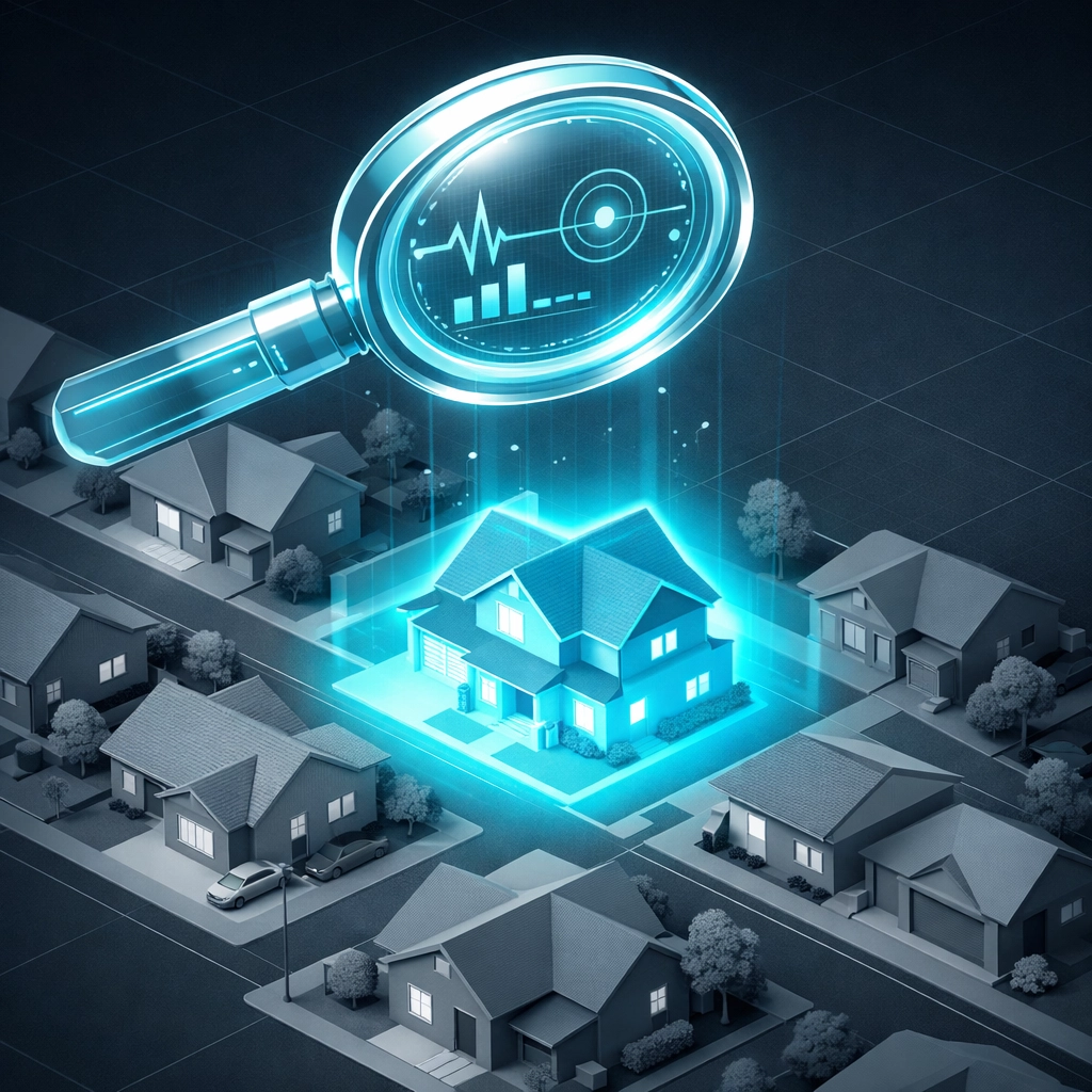 Predictive AI tool identifying off-market home sellers in a suburban neighborhood.